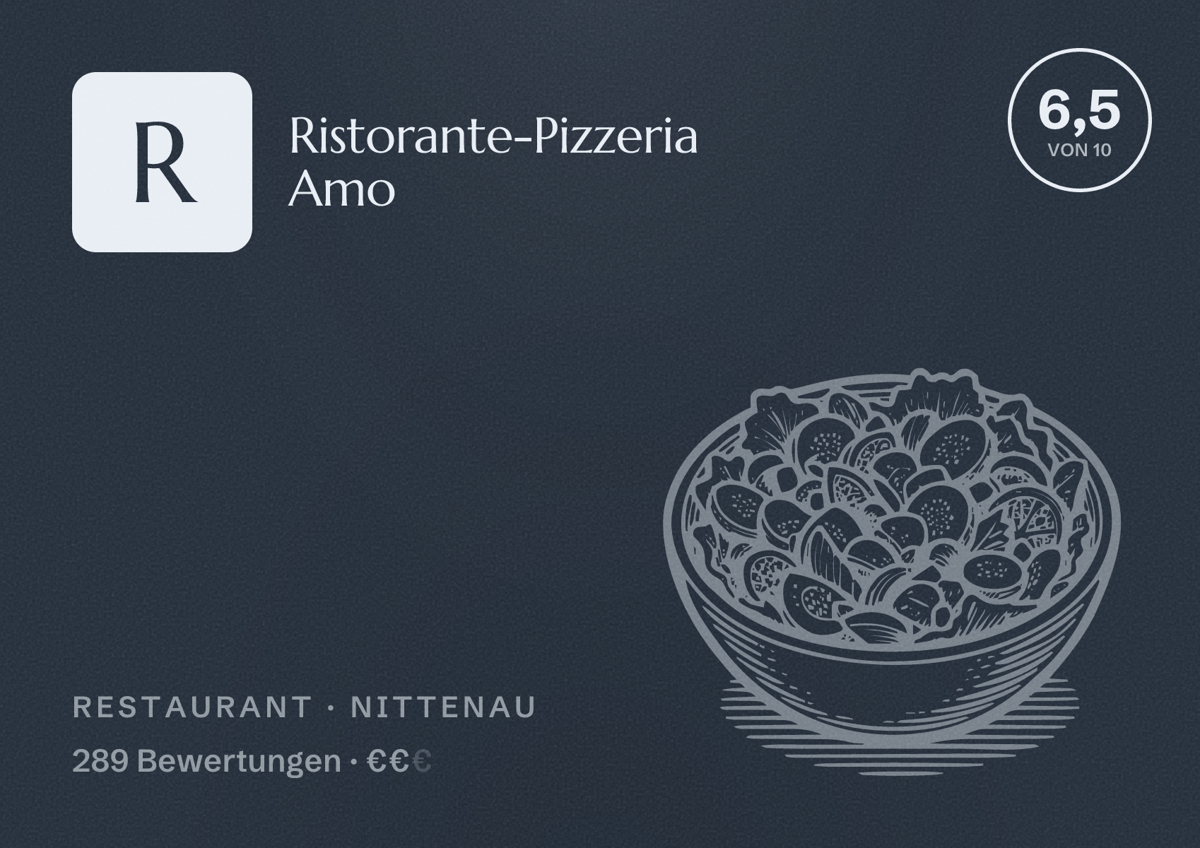 Illustriertes Poster von Ristorante-Pizzeria Amo, Restaurant in Nittenau: Bewertung 6,5 von 10 aus 289 Bewertungen, Preisniveau €€