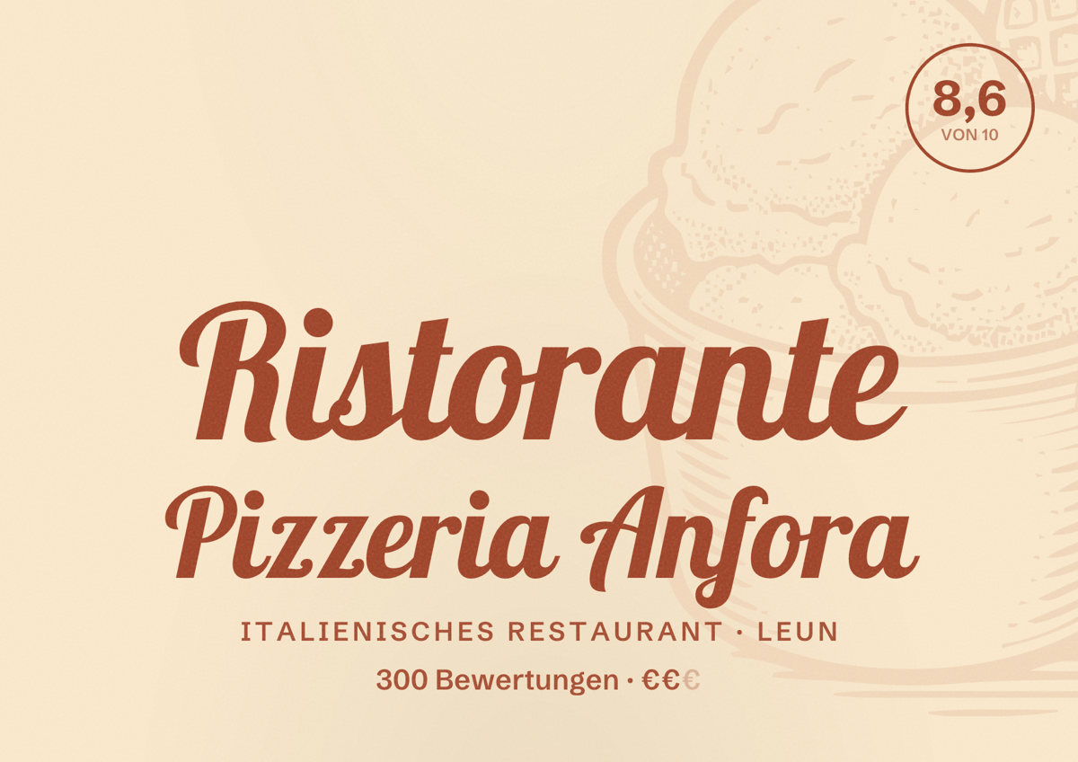 Illustriertes Poster von Ristorante Pizzeria Anfora, Italienisches Restaurant in Leun: Bewertung 8,6 von 10 aus 300 Bewertungen, Preisniveau €€