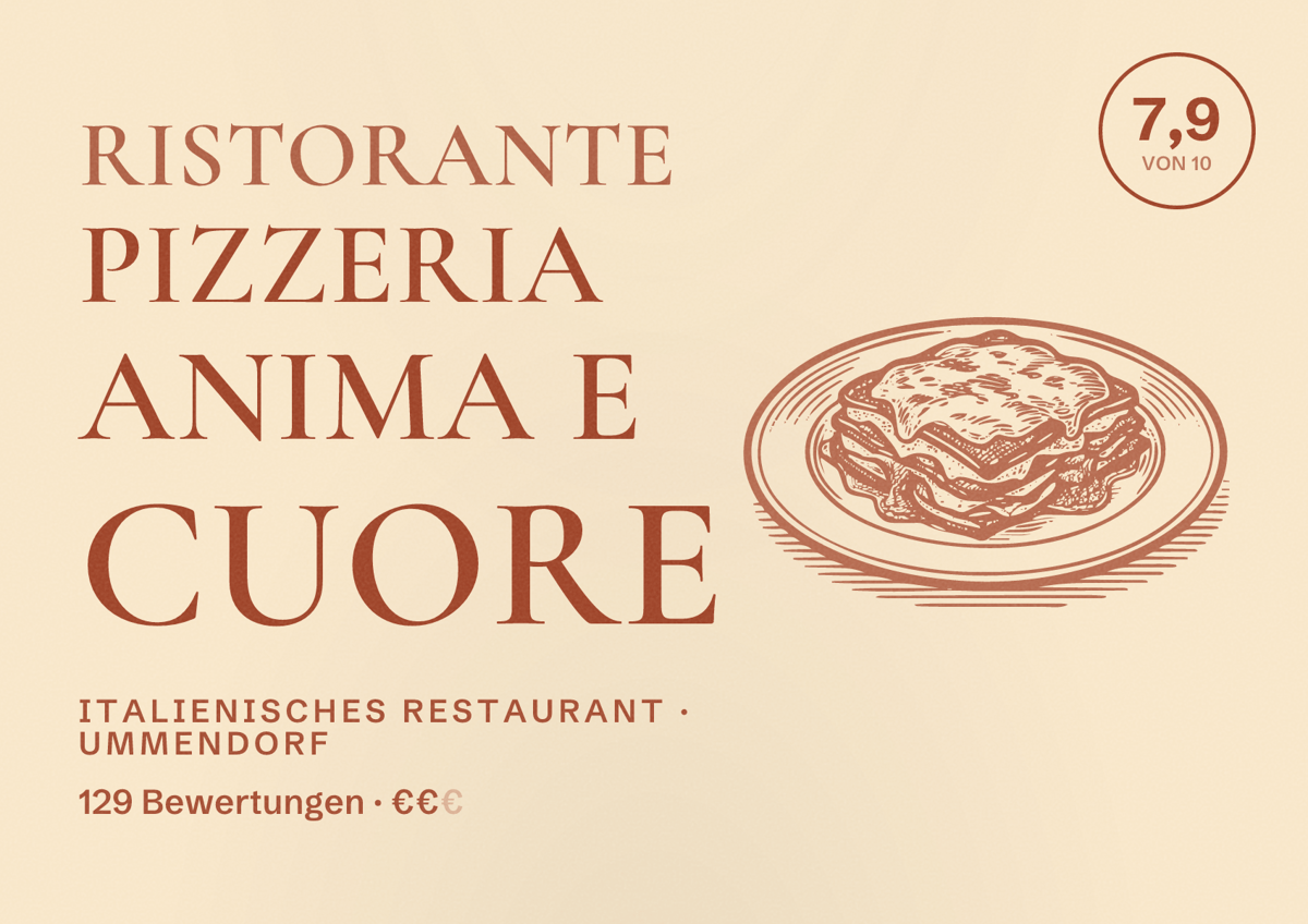 Illustriertes Poster von Ristorante Pizzeria Anima e Cuore, Italienisches Restaurant in Ummendorf: Bewertung 7,9 von 10 aus 129 Bewertungen, Preisniveau €€