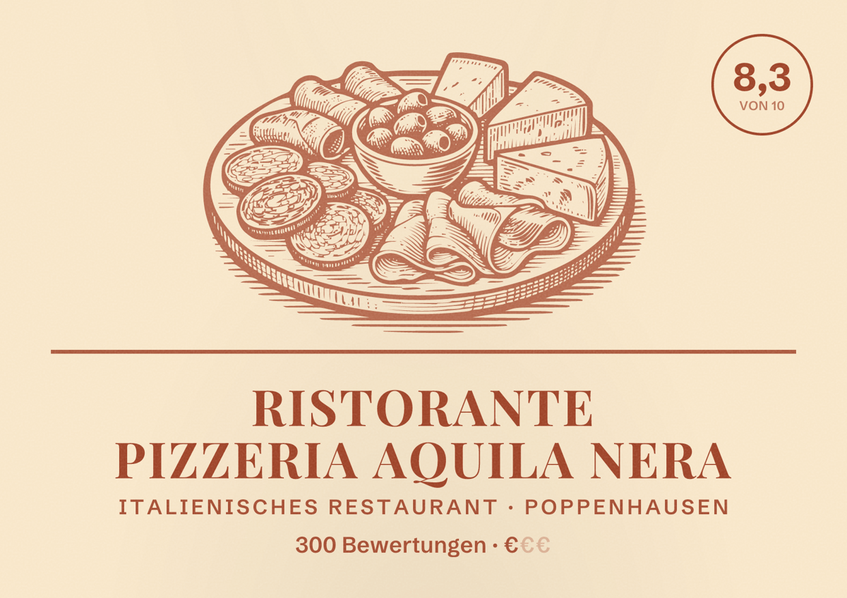 Illustriertes Poster von Ristorante Pizzeria Aquila Nera, Italienisches Restaurant in Poppenhausen: Bewertung 8,3 von 10 aus 300 Bewertungen, Preisniveau €