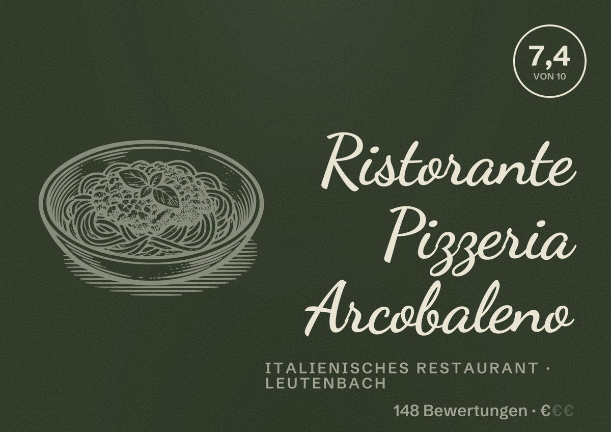 Illustriertes Poster von Ristorante Pizzeria Arcobaleno, Italienisches Restaurant in Leutenbach: Bewertung 7,4 von 10 aus 148 Bewertungen, Preisniveau €