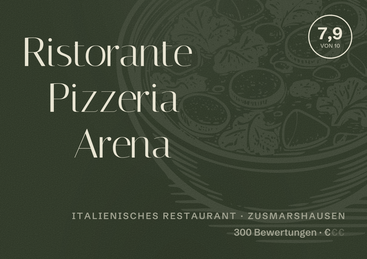 Illustriertes Poster von Ristorante Pizzeria Arena, Italienisches Restaurant in Zusmarshausen: Bewertung 7,9 von 10 aus 300 Bewertungen, Preisniveau €