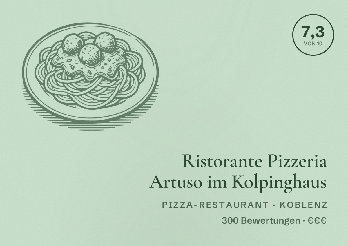 Illustriertes Poster von Ristorante Pizzeria Artuso im Kolpinghaus, Pizza-Restaurant in Koblenz: Bewertung 7,3 von 10 aus 300 Bewertungen, Preisniveau €€€