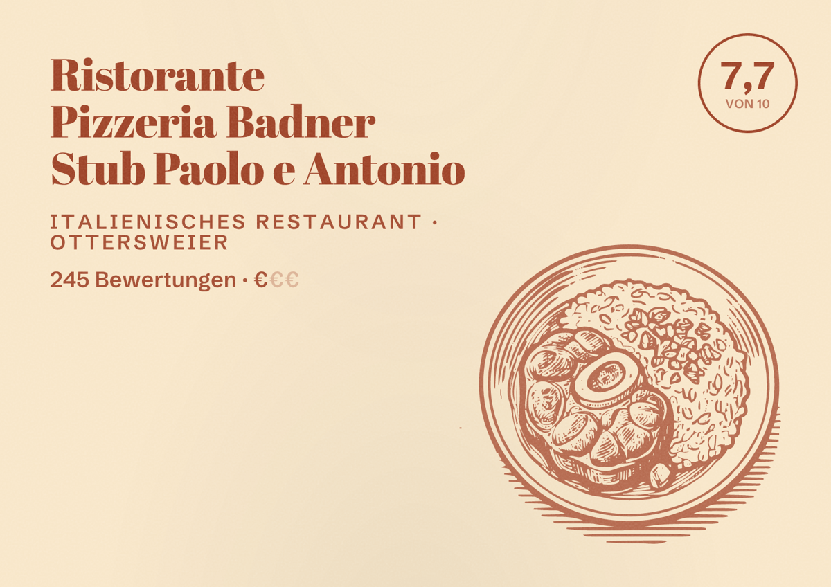 Illustriertes Poster von Ristorante Pizzeria Badner Stub Paolo e Antonio, Italienisches Restaurant in Ottersweier: Bewertung 7,7 von 10 aus 245 Bewertungen, Preisniveau €
