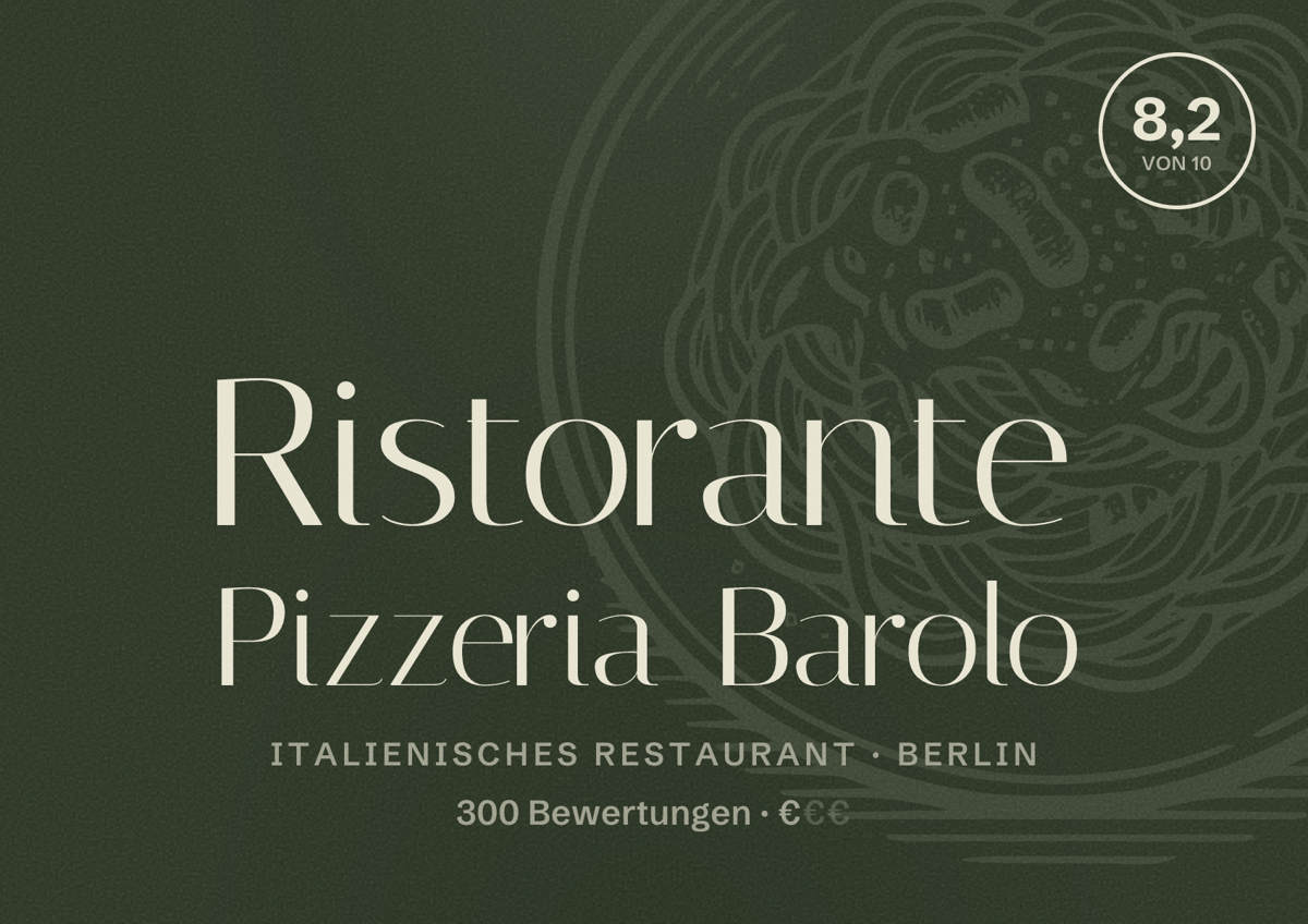 Illustriertes Poster von Ristorante Pizzeria Barolo, Italienisches Restaurant in Berlin: Bewertung 8,2 von 10 aus 300 Bewertungen, Preisniveau €