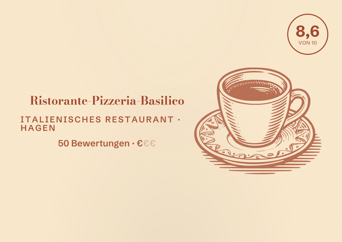 Illustriertes Poster von Ristorante-Pizzeria-Basilico, Italienisches Restaurant in Hagen: Bewertung 8,6 von 10 aus 50 Bewertungen, Preisniveau €