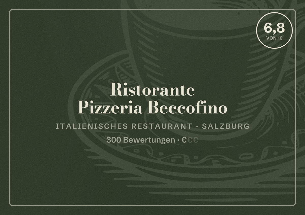 Illustriertes Poster von Ristorante Pizzeria Beccofino, Italienisches Restaurant in Salzburg: Bewertung 6,8 von 10 aus 300 Bewertungen, Preisniveau €