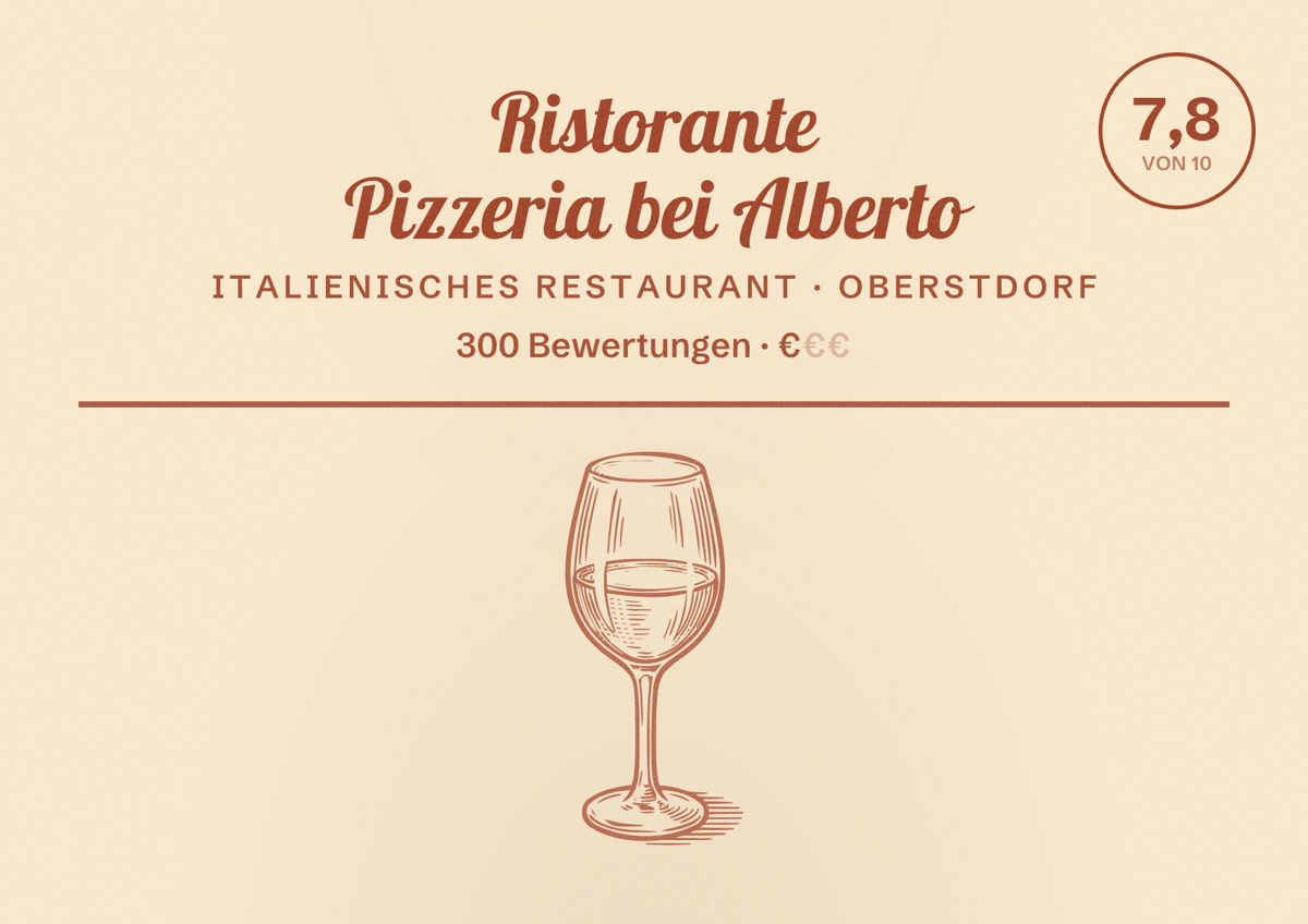 Illustriertes Poster von Ristorante Pizzeria bei Alberto, Italienisches Restaurant in Oberstdorf: Bewertung 7,8 von 10 aus 300 Bewertungen, Preisniveau €