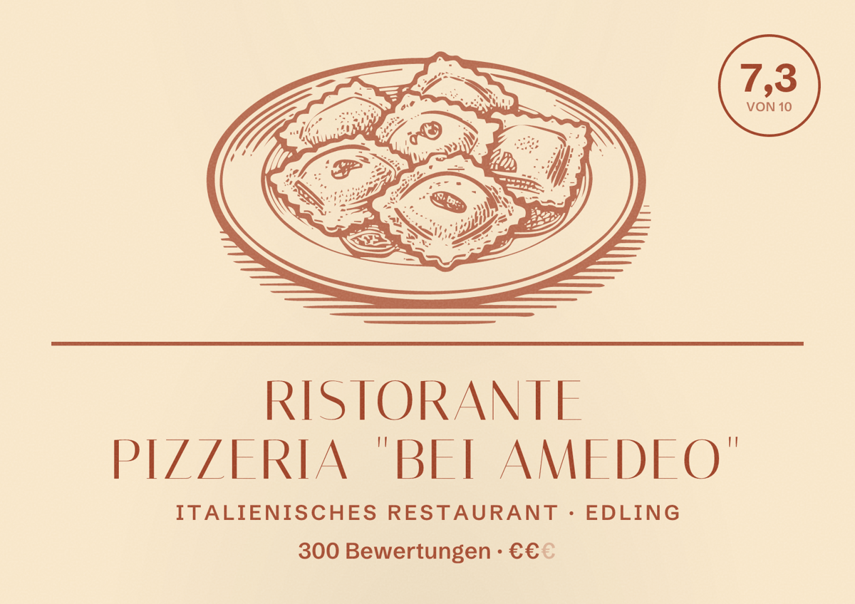 Illustriertes Poster von Ristorante Pizzeria "bei Amedeo", Italienisches Restaurant in Edling: Bewertung 7,3 von 10 aus 300 Bewertungen, Preisniveau €€