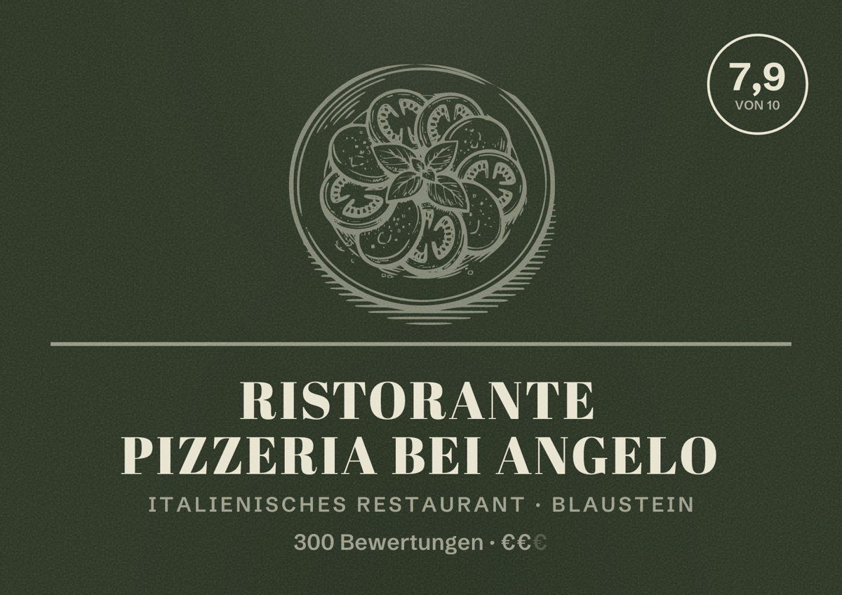 Illustriertes Poster von Ristorante Pizzeria Bei Angelo, Italienisches Restaurant in Blaustein: Bewertung 7,9 von 10 aus 300 Bewertungen, Preisniveau €€