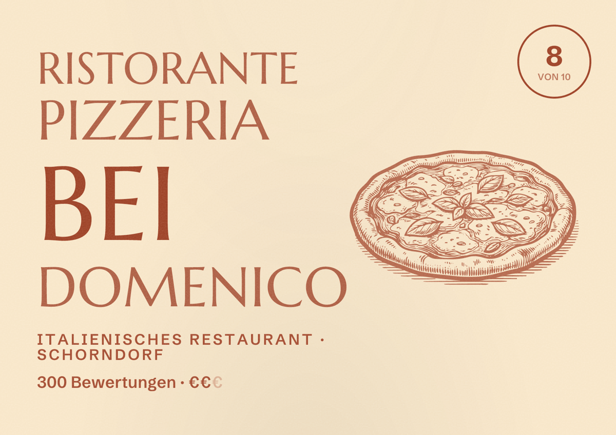 Illustriertes Poster von Ristorante Pizzeria bei Domenico, Italienisches Restaurant in Schorndorf: Bewertung 8 von 10 aus 300 Bewertungen, Preisniveau €€