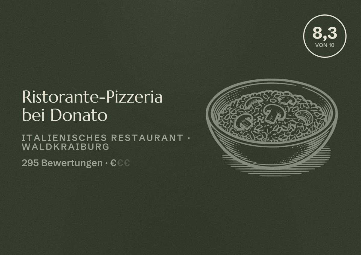 Illustriertes Poster von Ristorante-Pizzeria bei Donato, Italienisches Restaurant in Waldkraiburg: Bewertung 8,3 von 10 aus 295 Bewertungen, Preisniveau €