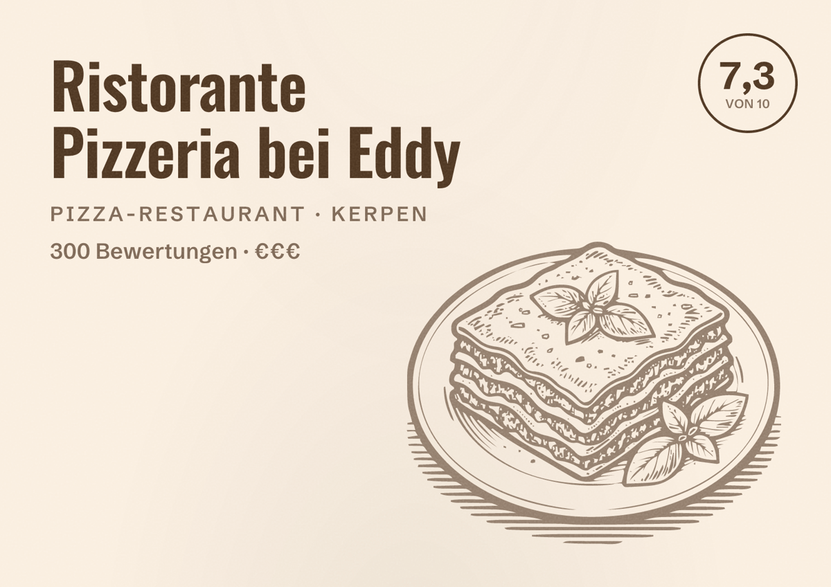 Illustriertes Poster von Ristorante Pizzeria bei Eddy, Pizza-Restaurant in Kerpen: Bewertung 7,3 von 10 aus 300 Bewertungen, Preisniveau €€€
