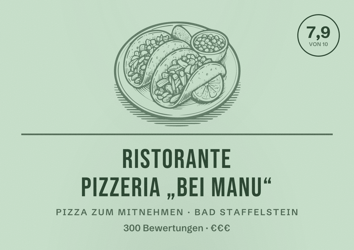 Illustriertes Poster von Ristorante Pizzeria „Bei Manu“, Pizza zum Mitnehmen in Bad Staffelstein: Bewertung 7,9 von 10 aus 300 Bewertungen, Preisniveau €€€