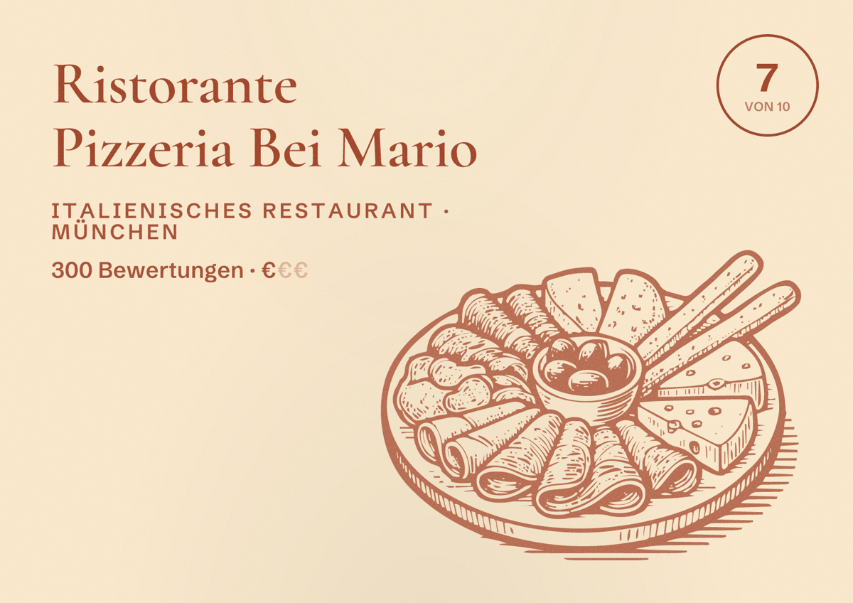 Illustriertes Poster von Ristorante Pizzeria Bei Mario, Italienisches Restaurant in München: Bewertung 7,0 von 10 aus 300 Bewertungen, Preisniveau €