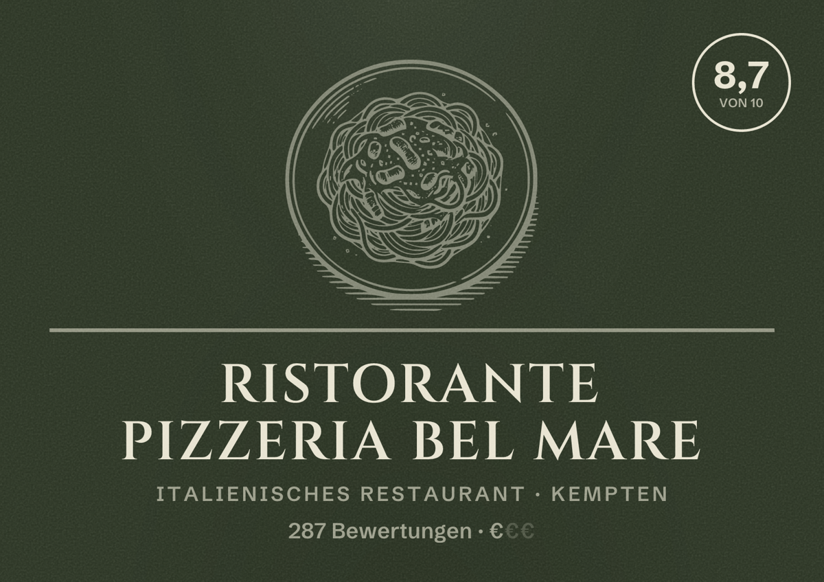 Illustriertes Poster von Ristorante Pizzeria Bel Mare, Italienisches Restaurant in Kempten: Bewertung 8,7 von 10 aus 287 Bewertungen, Preisniveau €