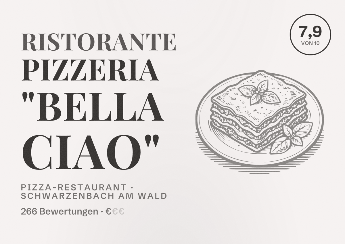 Illustriertes Poster von Ristorante Pizzeria "Bella Ciao", Pizza-Restaurant in Schwarzenbach am Wald: Bewertung 7,9 von 10 aus 266 Bewertungen, Preisniveau €