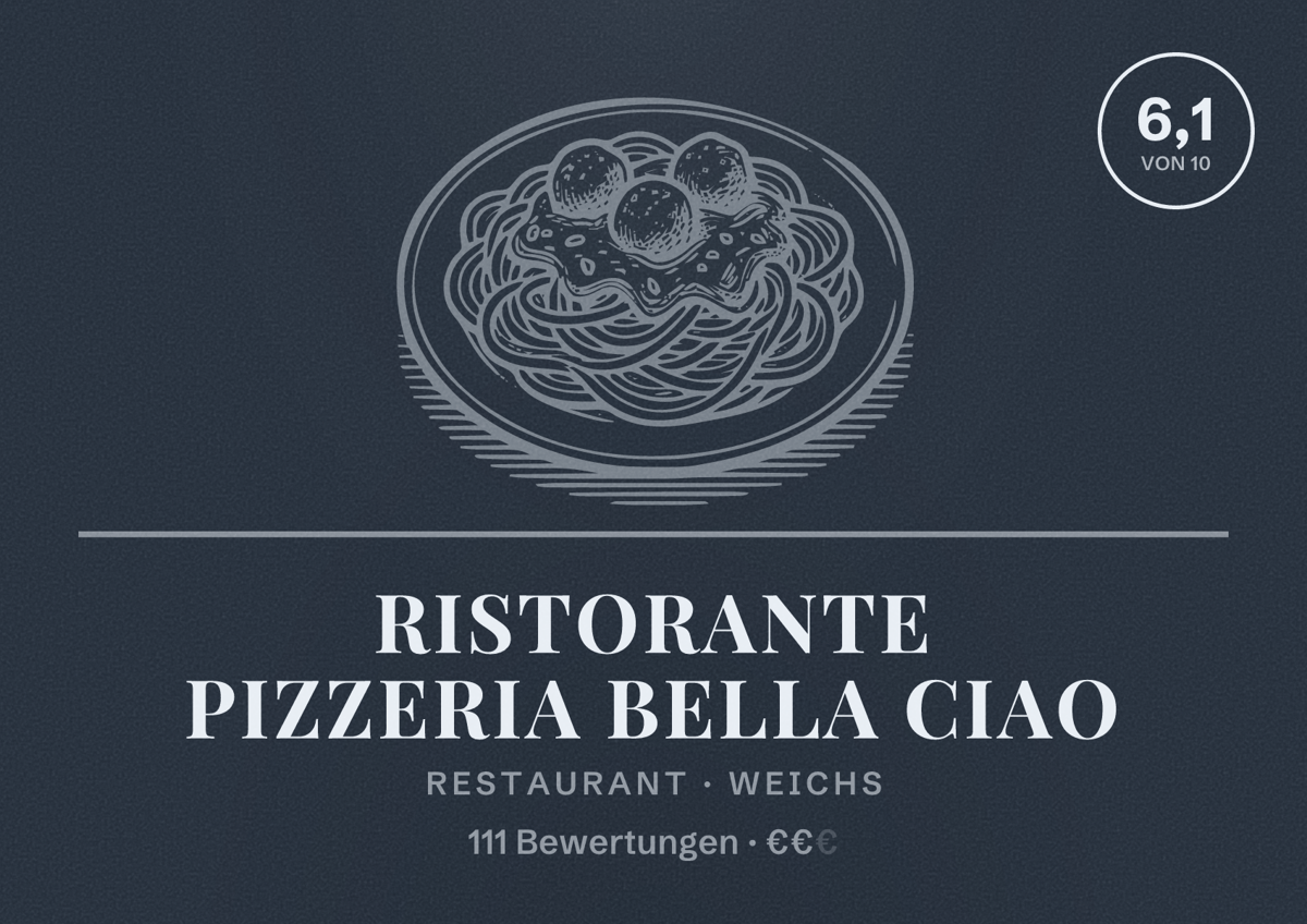 Illustriertes Poster von Ristorante Pizzeria Bella Ciao, Restaurant in Weichs: Bewertung 6,1 von 10 aus 111 Bewertungen, Preisniveau €€