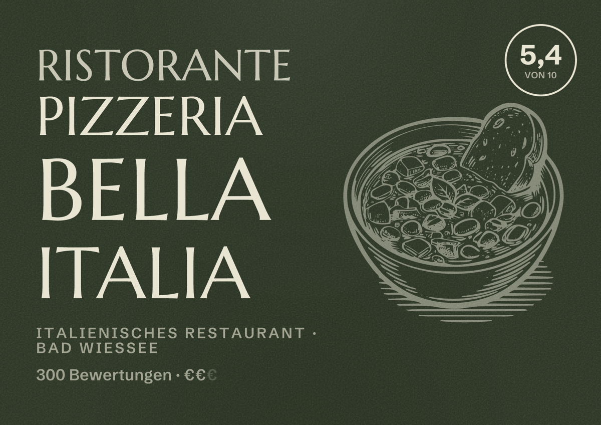 Illustriertes Poster von Ristorante Pizzeria Bella Italia, Italienisches Restaurant in Bad Wiessee: Bewertung 5,4 von 10 aus 300 Bewertungen, Preisniveau €€