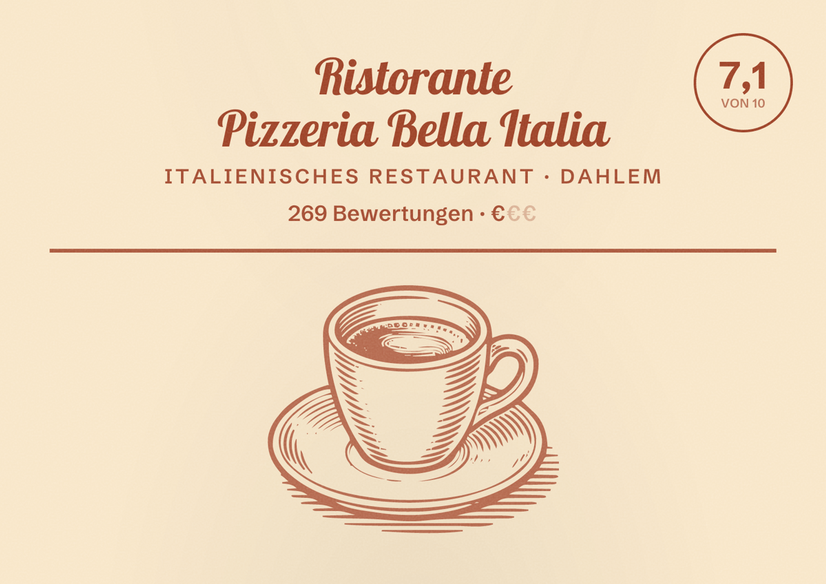 Illustriertes Poster von Ristorante Pizzeria Bella Italia, Italienisches Restaurant in Dahlem: Bewertung 7,1 von 10 aus 269 Bewertungen, Preisniveau €