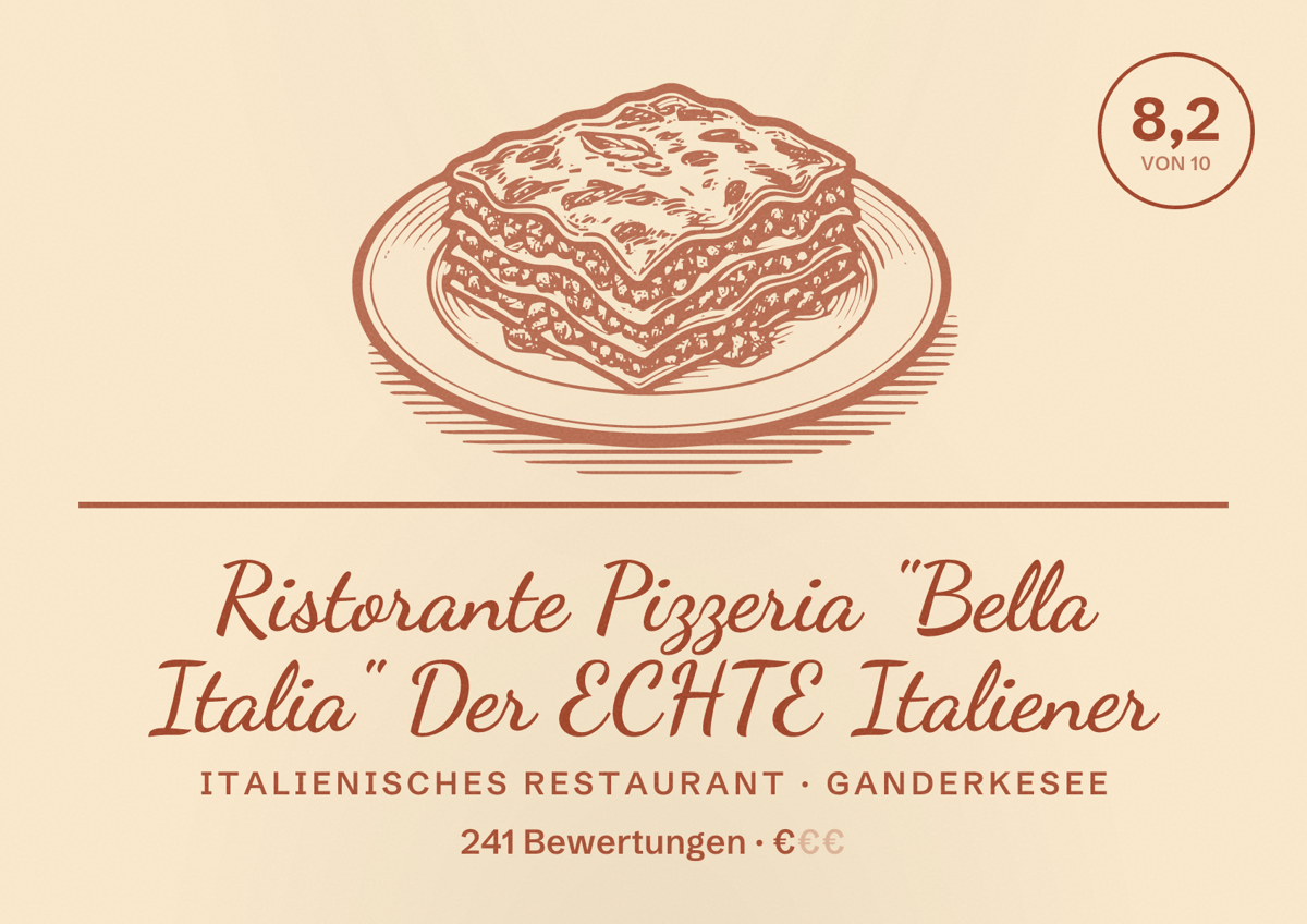 Illustriertes Poster von Ristorante Pizzeria "Bella Italia" Der ECHTE Italiener, Italienisches Restaurant in Ganderkesee: Bewertung 8,2 von 10 aus 241 Bewertungen, Preisniveau €