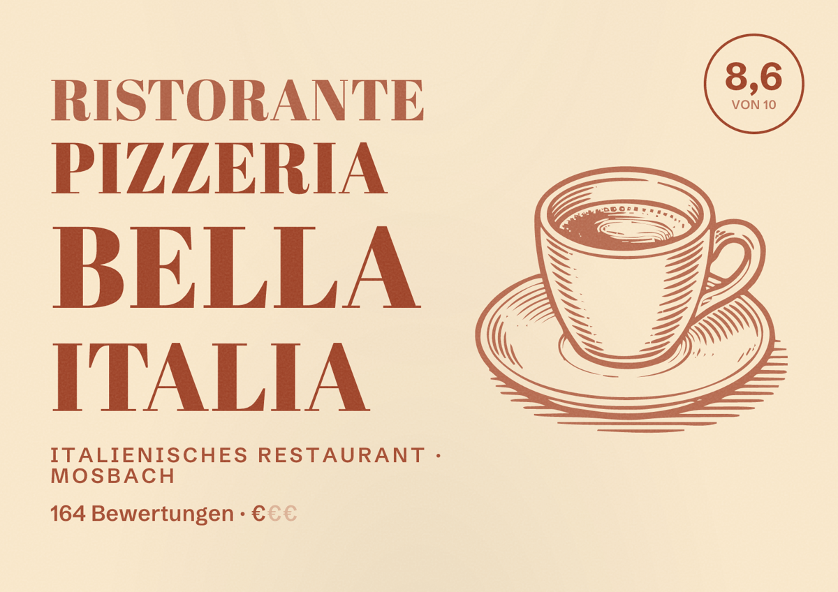 Illustriertes Poster von Ristorante Pizzeria Bella Italia, Italienisches Restaurant in Mosbach: Bewertung 8,6 von 10 aus 164 Bewertungen, Preisniveau €