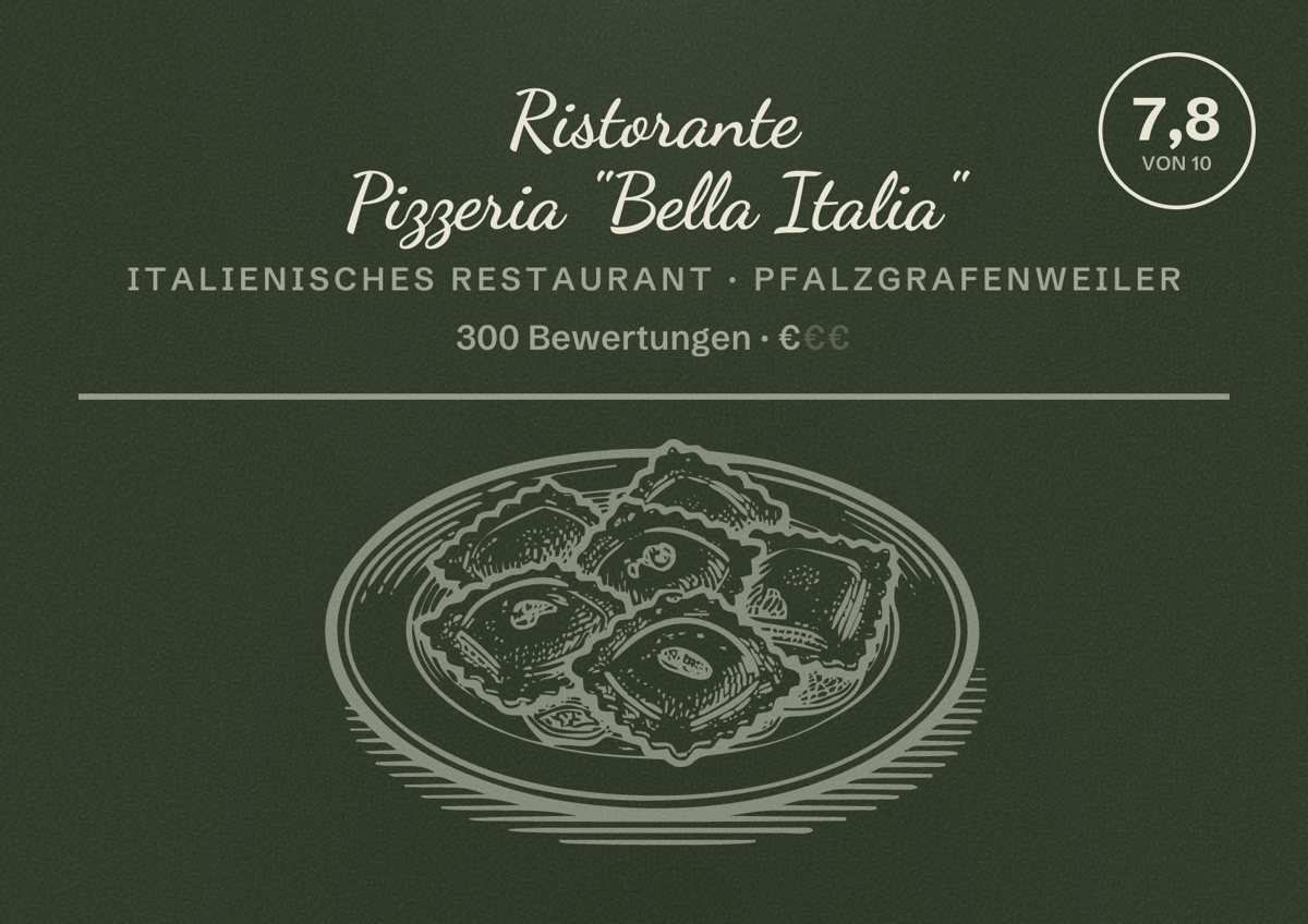 Illustriertes Poster von Ristorante Pizzeria "Bella Italia", Italienisches Restaurant in Pfalzgrafenweiler: Bewertung 7,8 von 10 aus 300 Bewertungen, Preisniveau €