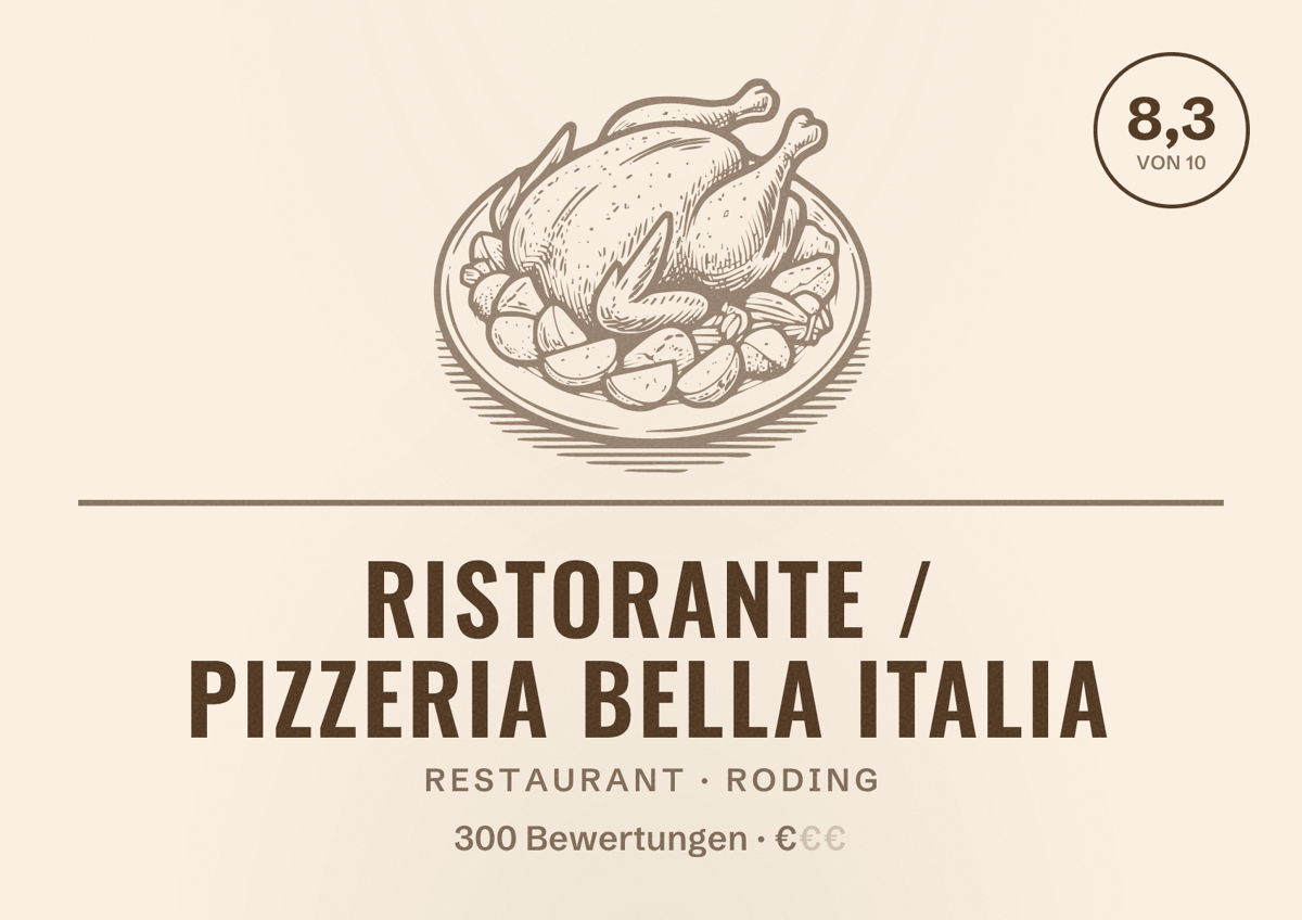 Illustriertes Poster von Ristorante / Pizzeria Bella Italia, Restaurant in Roding: Bewertung 8,3 von 10 aus 300 Bewertungen, Preisniveau €