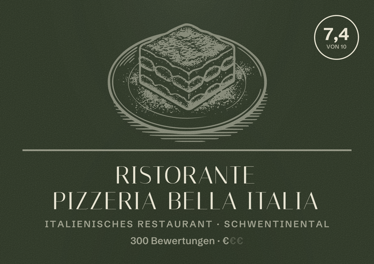 Illustriertes Poster von Ristorante Pizzeria Bella Italia, Italienisches Restaurant in Schwentinental: Bewertung 7,4 von 10 aus 300 Bewertungen, Preisniveau €