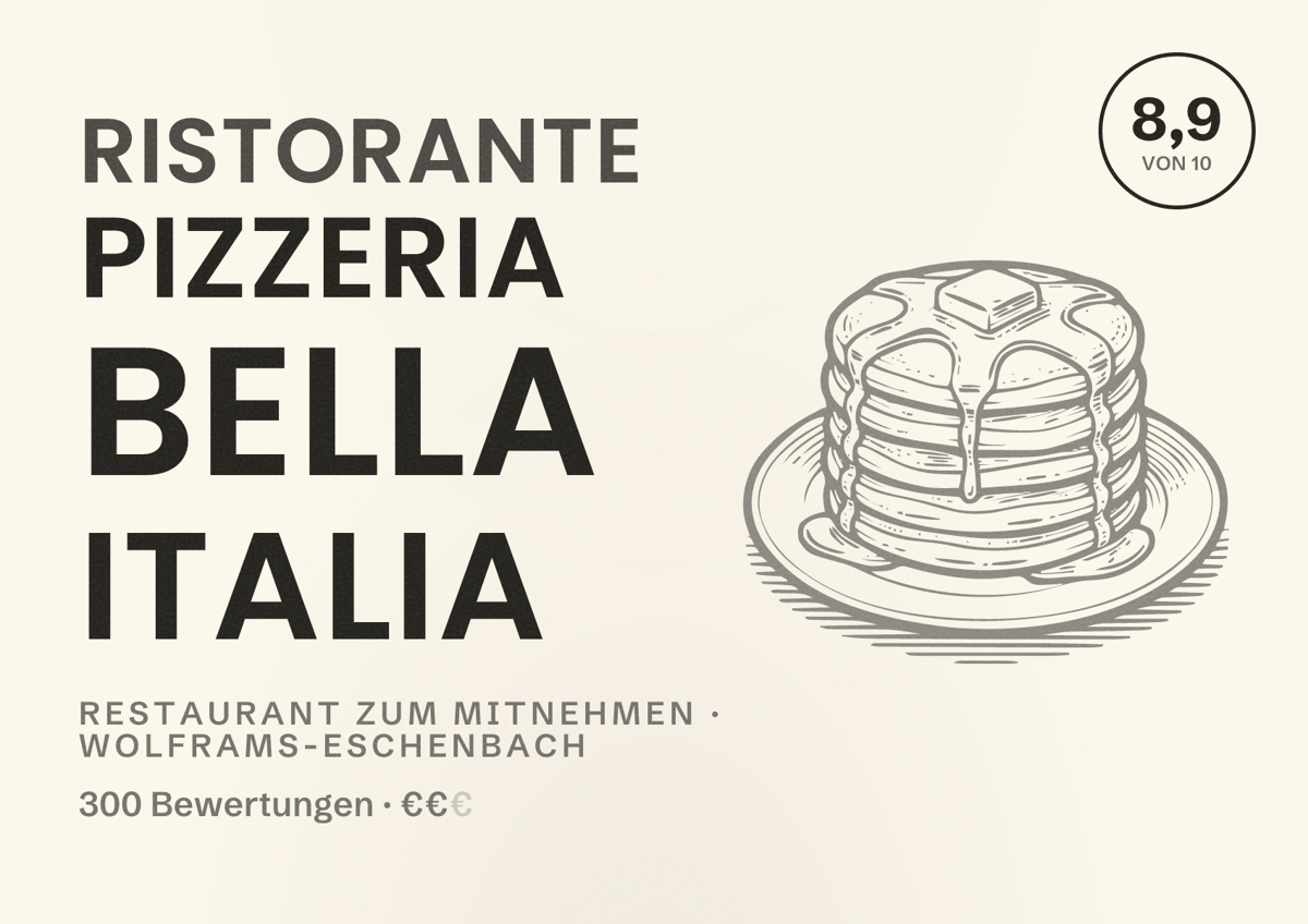 Illustriertes Poster von Ristorante Pizzeria Bella Italia, Restaurant zum Mitnehmen in Wolframs-Eschenbach: Bewertung 8,9 von 10 aus 300 Bewertungen, Preisniveau €€