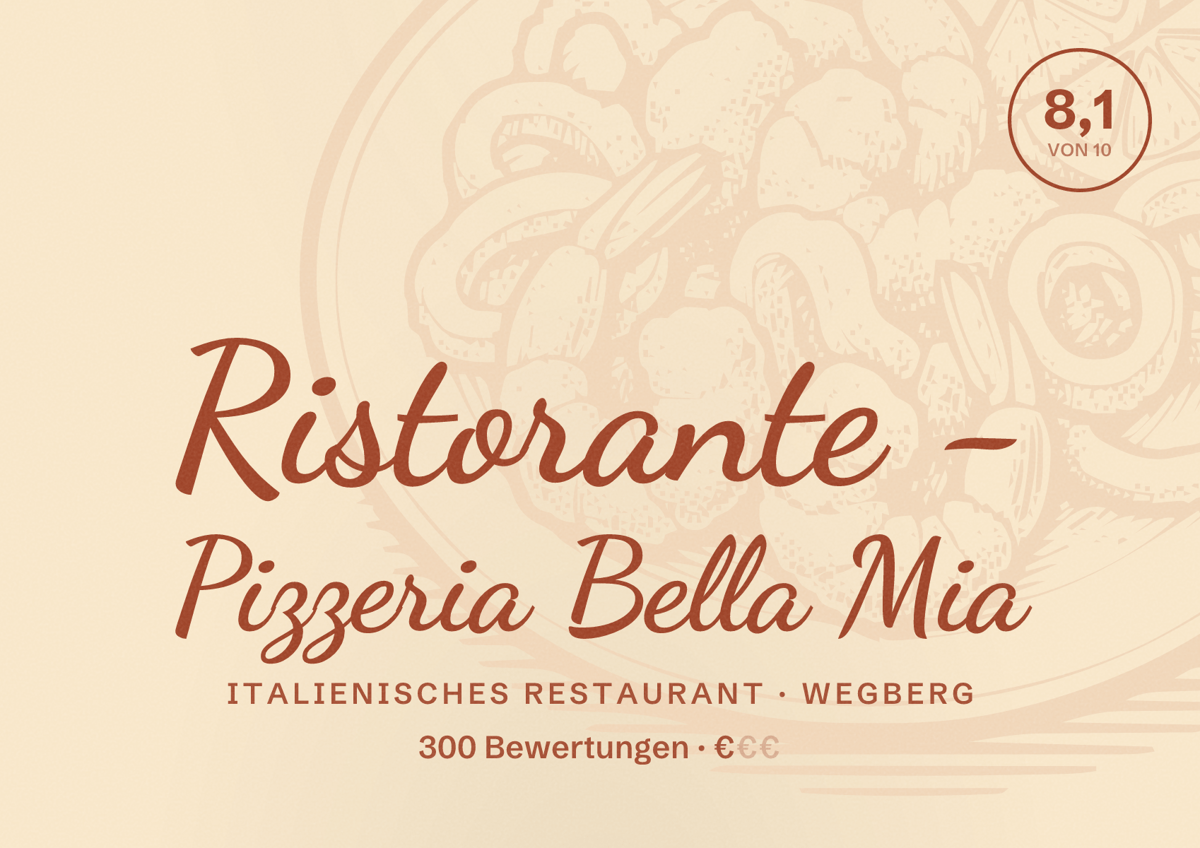 Illustriertes Poster von Ristorante - Pizzeria Bella Mia, Italienisches Restaurant in Wegberg: Bewertung 8,1 von 10 aus 300 Bewertungen, Preisniveau €