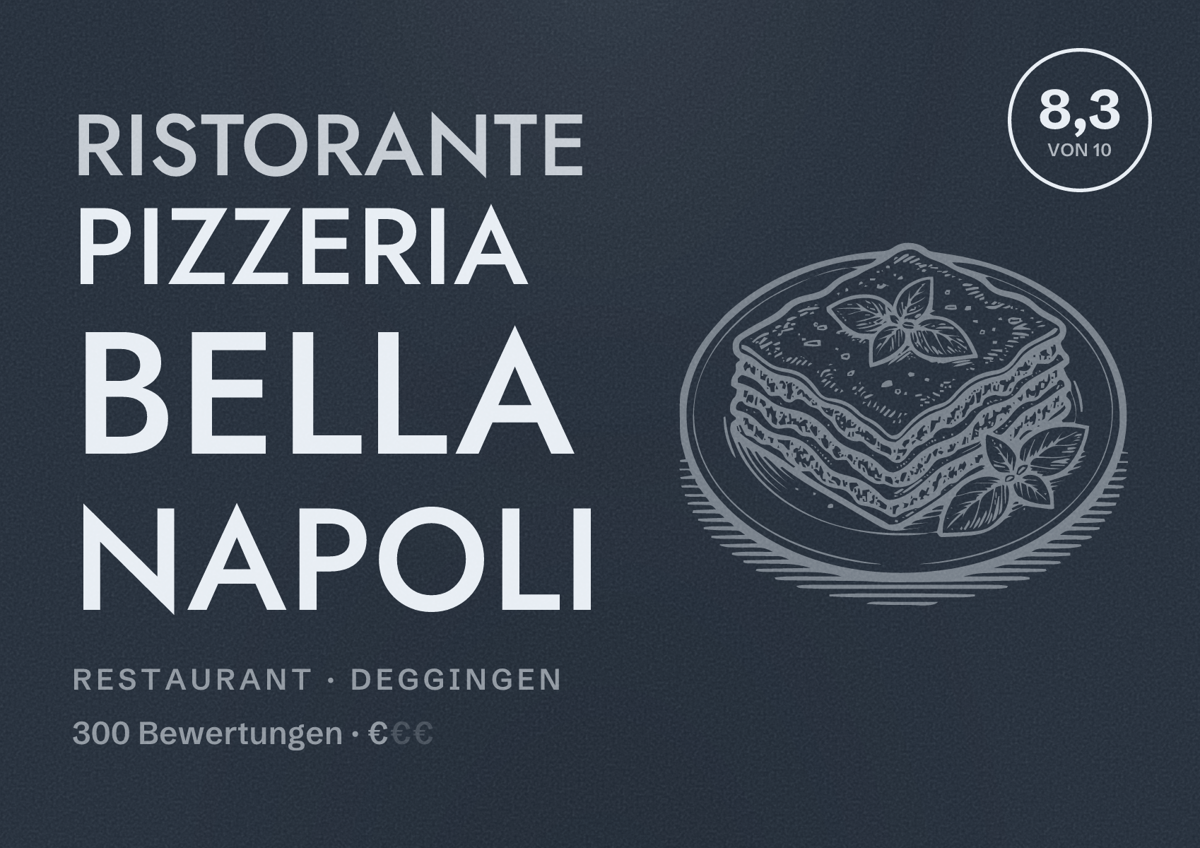 Illustriertes Poster von Ristorante Pizzeria Bella Napoli, Restaurant in Deggingen: Bewertung 8,3 von 10 aus 300 Bewertungen, Preisniveau €