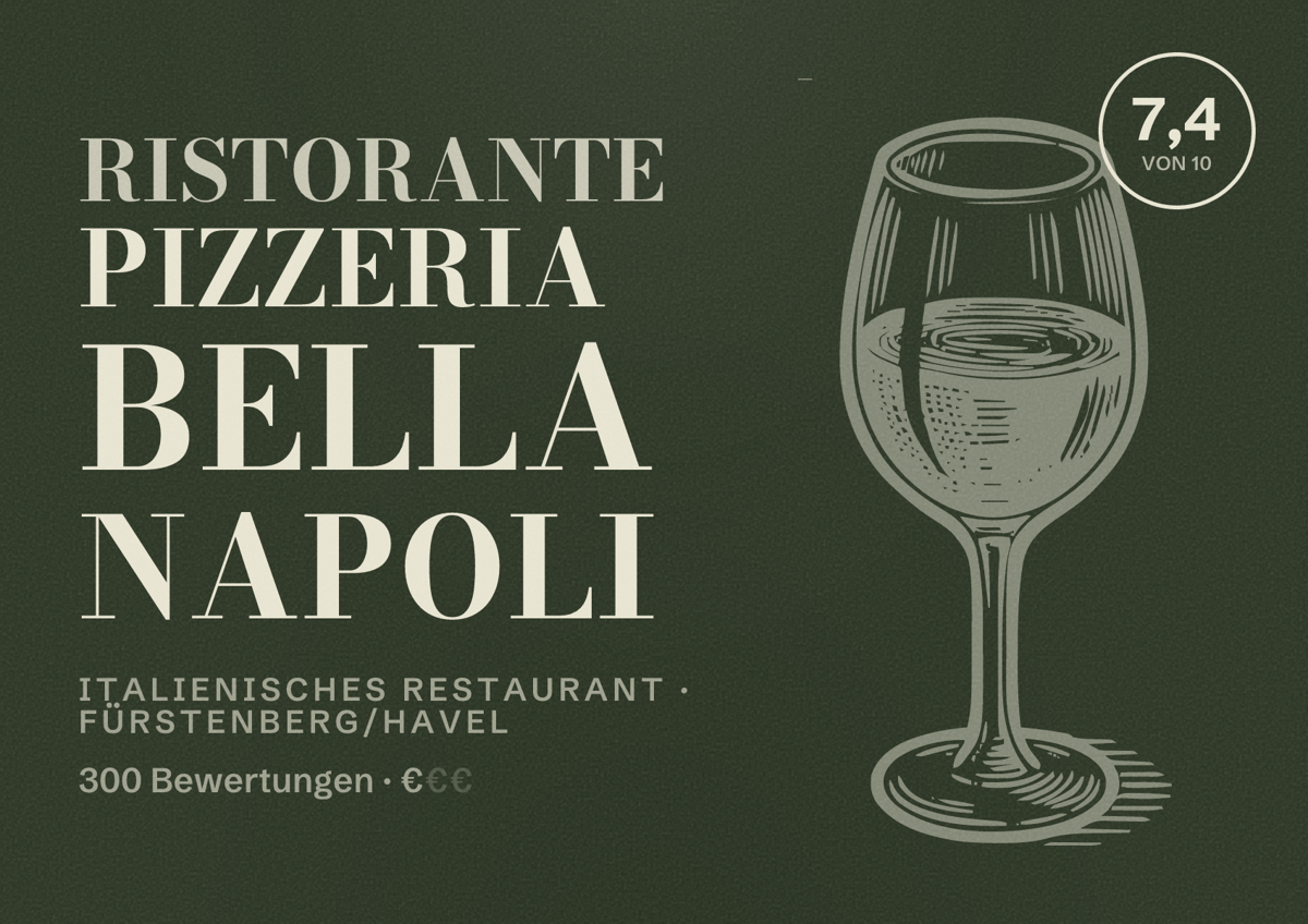 Illustriertes Poster von Ristorante Pizzeria Bella Napoli, Italienisches Restaurant in Fürstenberg/Havel: Bewertung 7,4 von 10 aus 300 Bewertungen, Preisniveau €