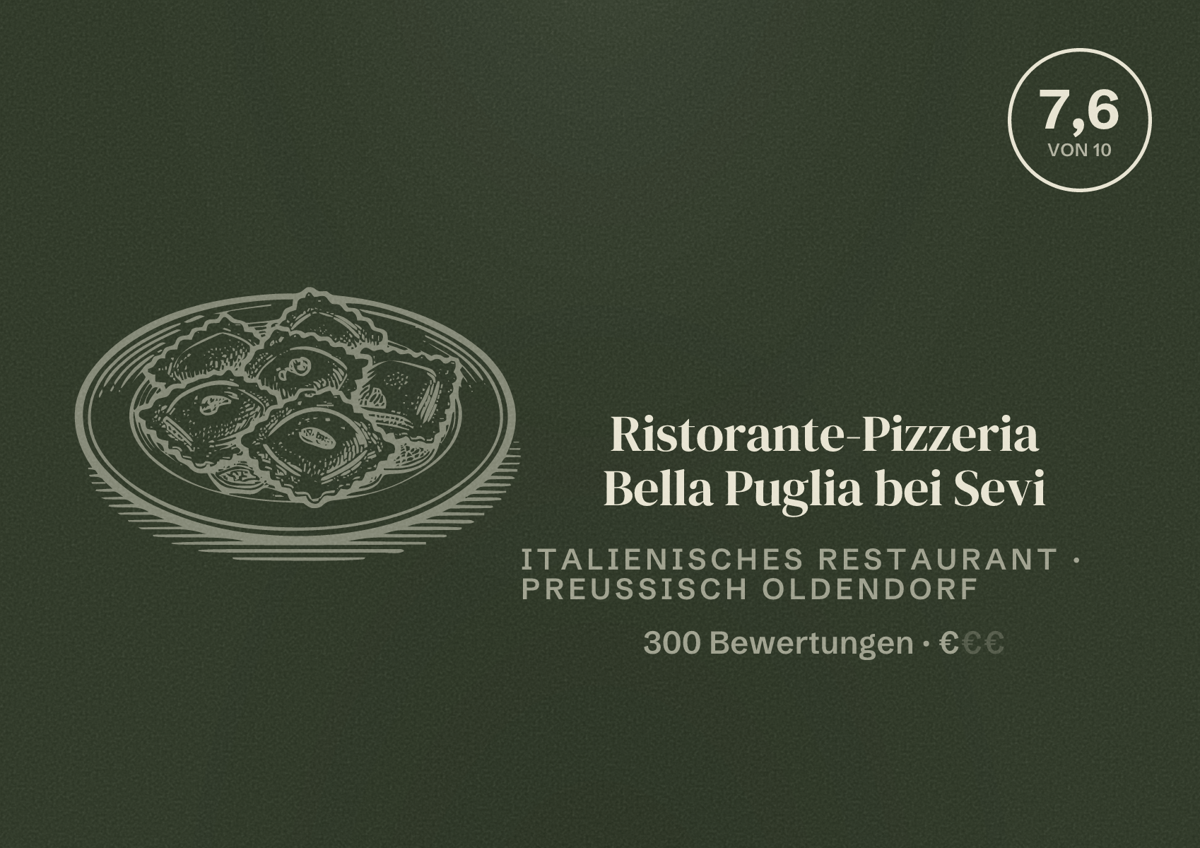 Illustriertes Poster von Ristorante-Pizzeria Bella Puglia bei Sevi, Italienisches Restaurant in Preußisch Oldendorf: Bewertung 7,6 von 10 aus 300 Bewertungen, Preisniveau €