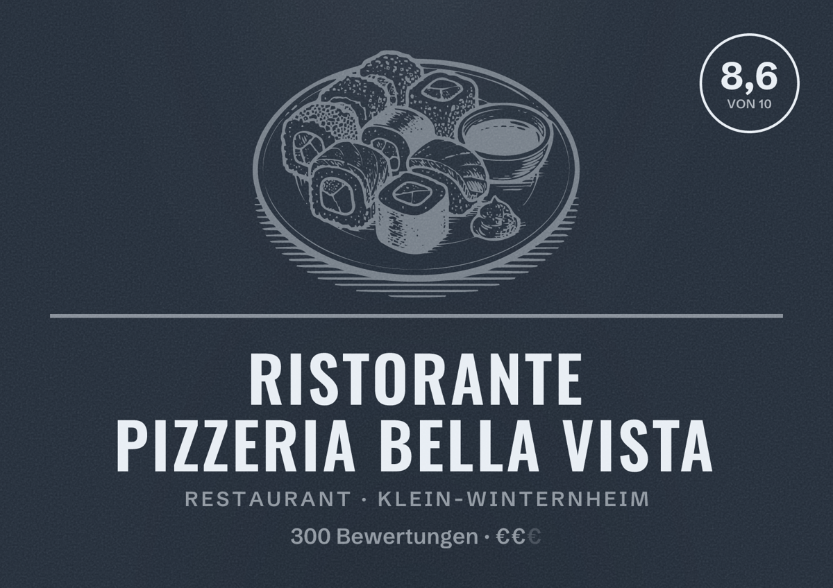 Illustriertes Poster von Ristorante Pizzeria Bella Vista, Restaurant in Klein-Winternheim: Bewertung 8,6 von 10 aus 300 Bewertungen, Preisniveau €€