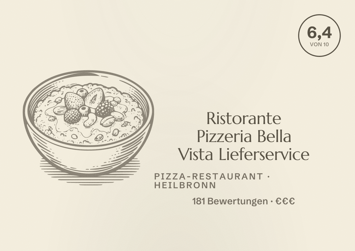 Illustriertes Poster von Ristorante Pizzeria Bella Vista Lieferservice, Pizza-Restaurant in Heilbronn: Bewertung 6,4 von 10 aus 181 Bewertungen, Preisniveau €€€