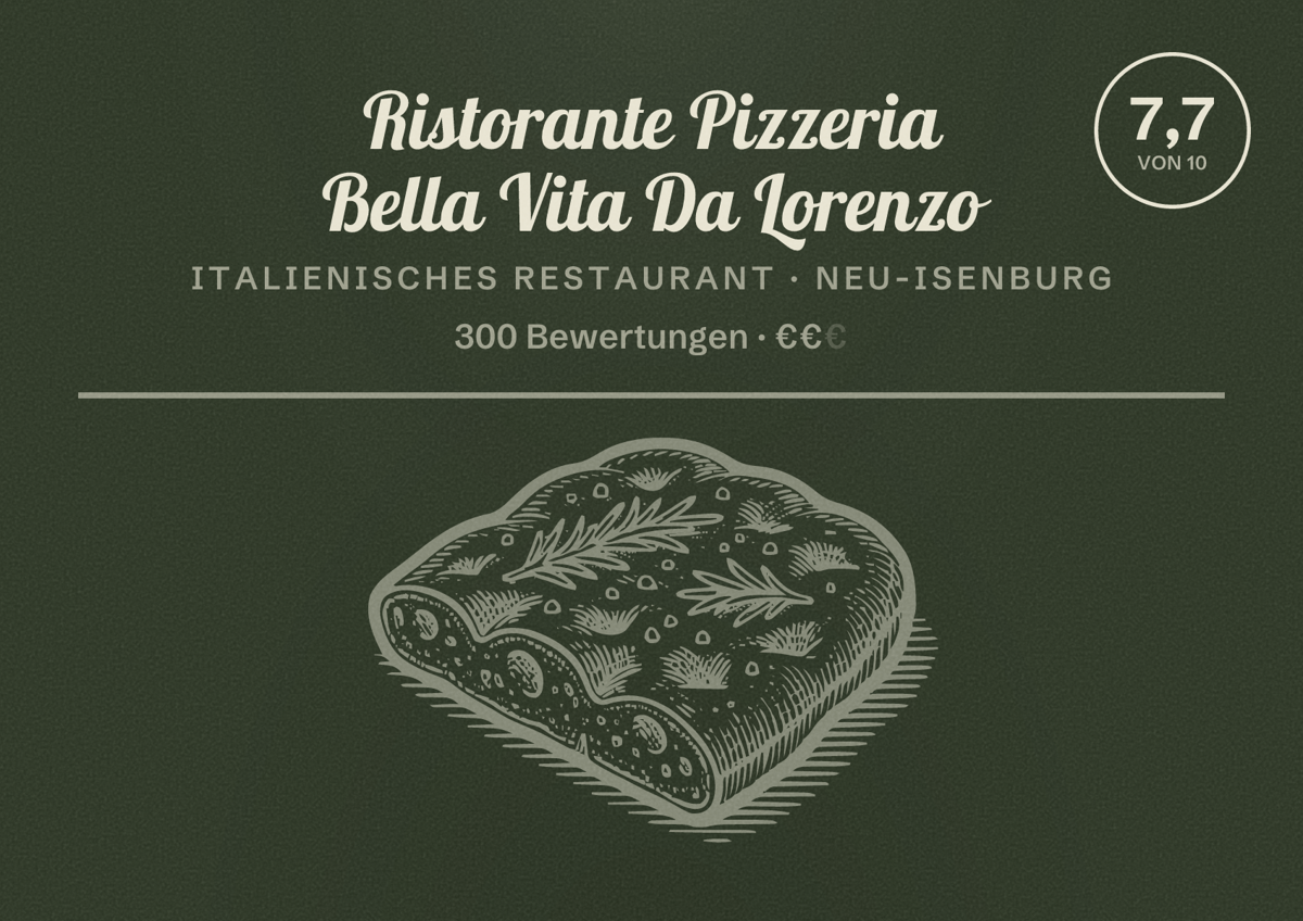 Illustriertes Poster von Ristorante Pizzeria Bella Vita Da Lorenzo, Italienisches Restaurant in Neu-Isenburg: Bewertung 7,7 von 10 aus 300 Bewertungen, Preisniveau €€