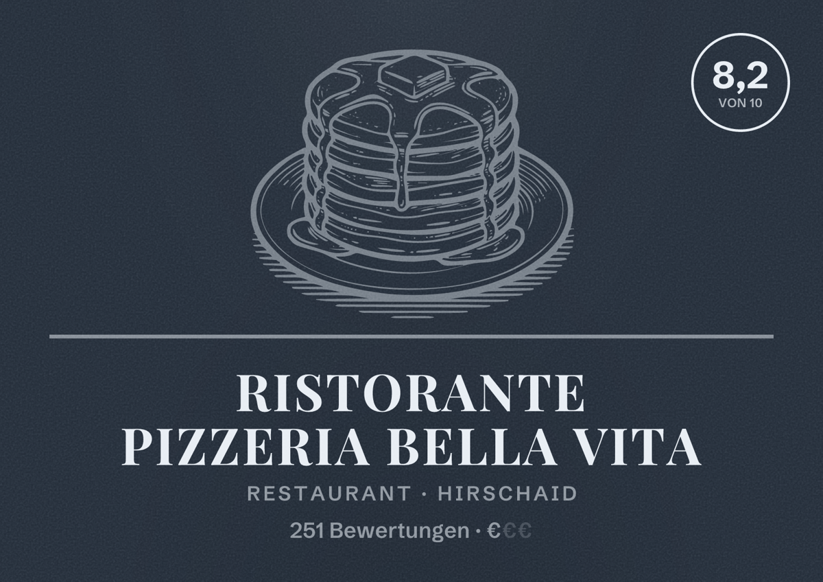 Illustriertes Poster von Ristorante Pizzeria Bella Vita, Restaurant in Hirschaid: Bewertung 8,2 von 10 aus 251 Bewertungen, Preisniveau €
