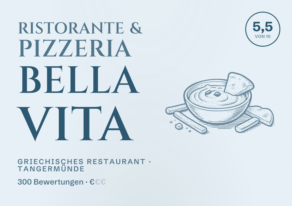 Illustriertes Poster von Ristorante & Pizzeria Bella Vita, Griechisches Restaurant in Tangermünde: Bewertung 5,5 von 10 aus 300 Bewertungen, Preisniveau €
