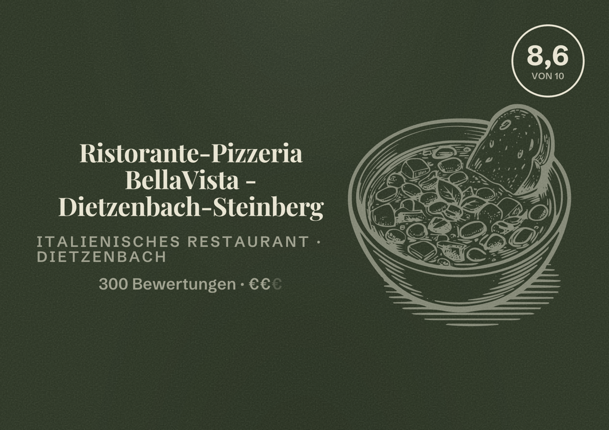 Illustriertes Poster von Ristorante-Pizzeria BellaVista - Dietzenbach-Steinberg, Italienisches Restaurant in Dietzenbach: Bewertung 8,6 von 10 aus 300 Bewertungen, Preisniveau €€