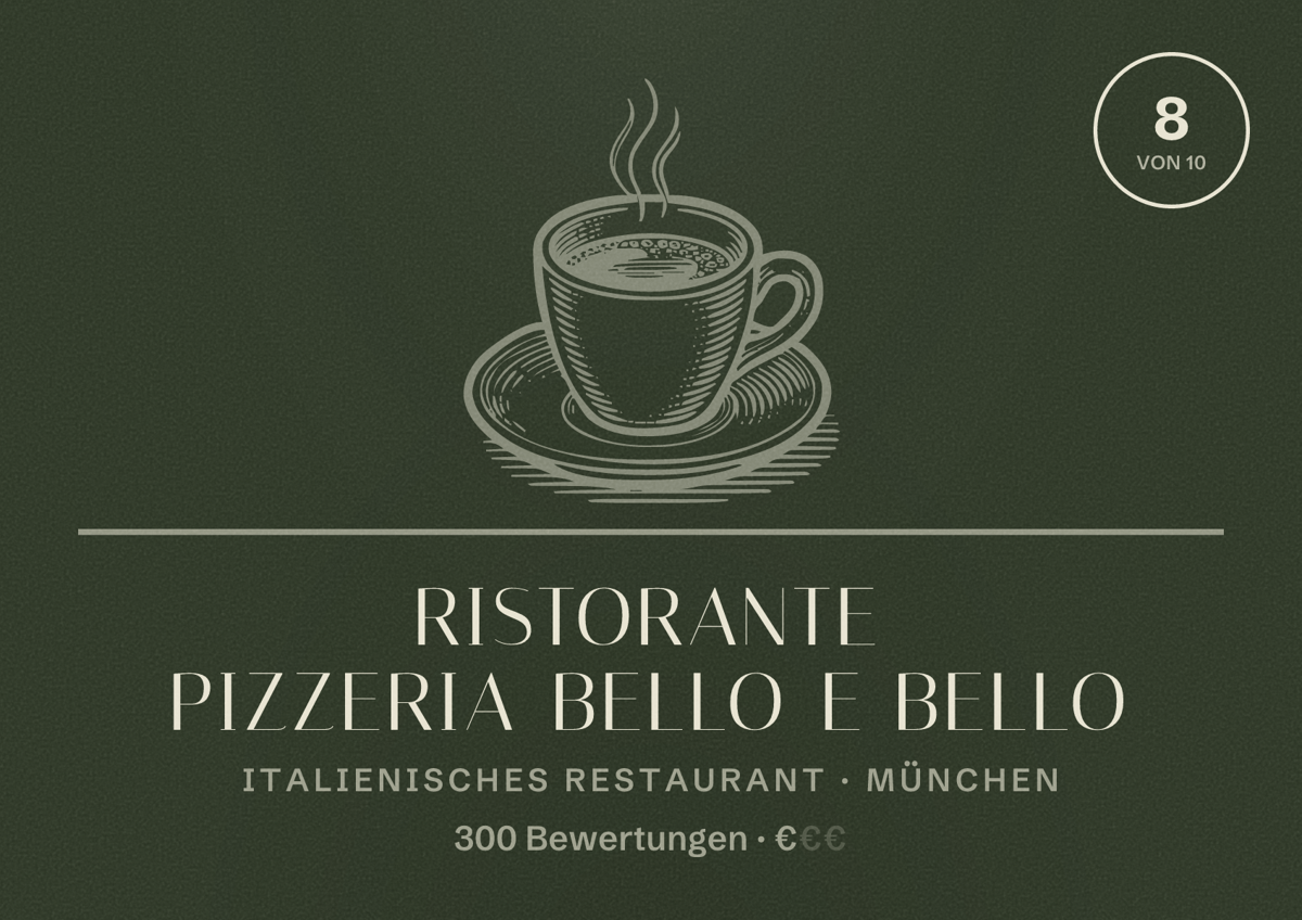 Illustriertes Poster von Ristorante Pizzeria Bello E Bello, Italienisches Restaurant in München: Bewertung 8,0 von 10 aus 300 Bewertungen, Preisniveau €