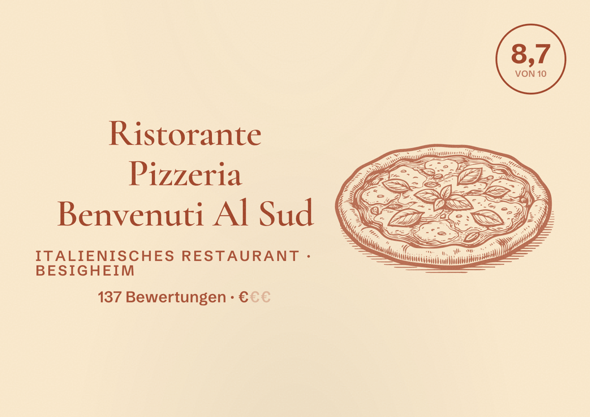 Illustriertes Poster von Ristorante Pizzeria Benvenuti Al Sud, Italienisches Restaurant in Besigheim: Bewertung 8,7 von 10 aus 137 Bewertungen, Preisniveau €