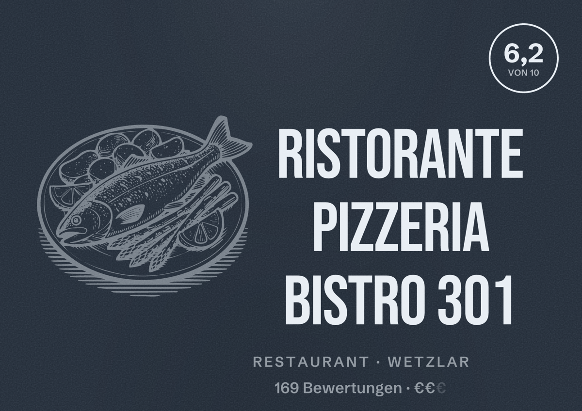 Illustriertes Poster von Ristorante Pizzeria Bistro 301, Restaurant in Wetzlar: Bewertung 6,2 von 10 aus 169 Bewertungen, Preisniveau €€