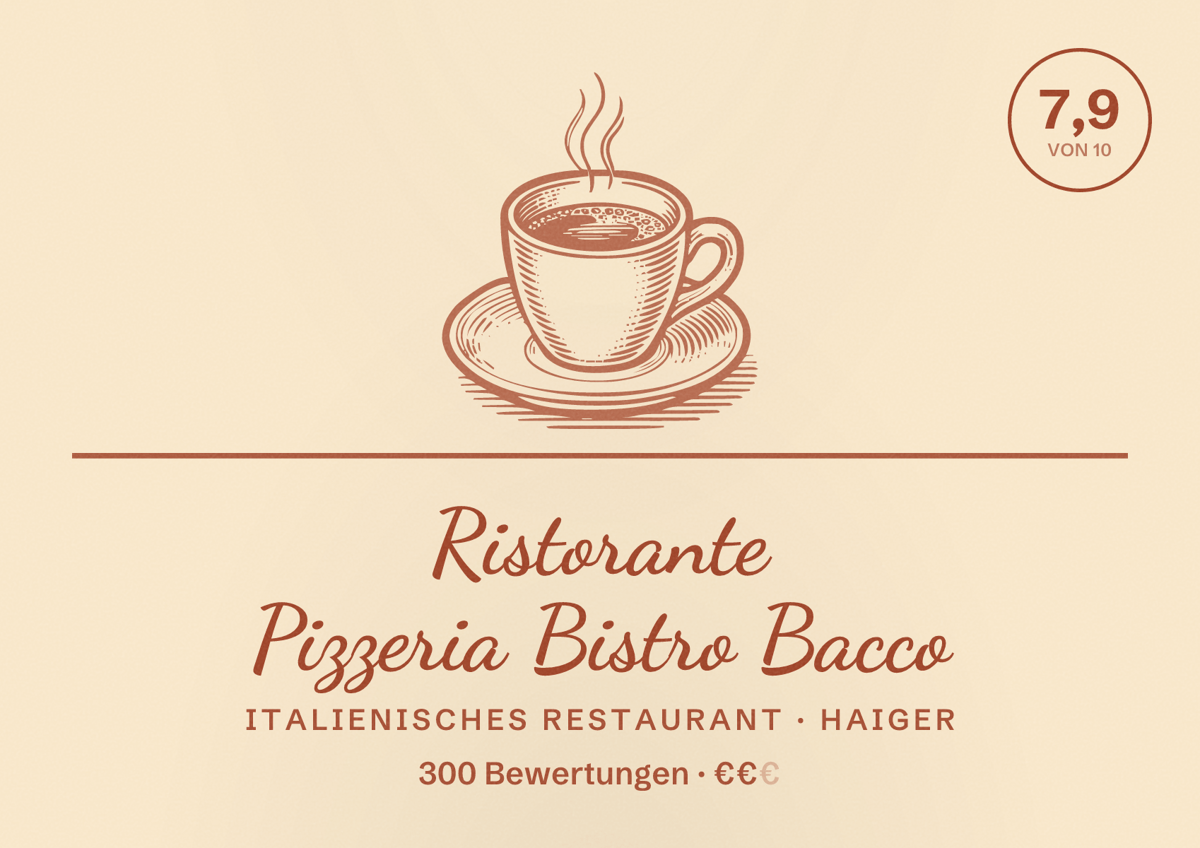 Illustriertes Poster von Ristorante Pizzeria Bistro Bacco, Italienisches Restaurant in Haiger: Bewertung 7,9 von 10 aus 300 Bewertungen, Preisniveau €€