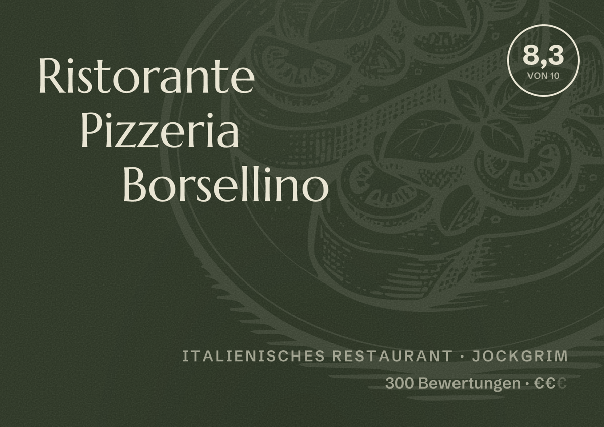 Illustriertes Poster von Ristorante Pizzeria Borsellino, Italienisches Restaurant in Jockgrim: Bewertung 8,3 von 10 aus 300 Bewertungen, Preisniveau €€