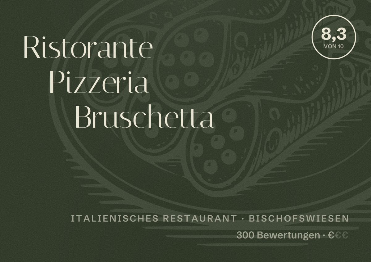 Illustriertes Poster von Ristorante Pizzeria Bruschetta, Italienisches Restaurant in Bischofswiesen: Bewertung 8,3 von 10 aus 300 Bewertungen, Preisniveau €