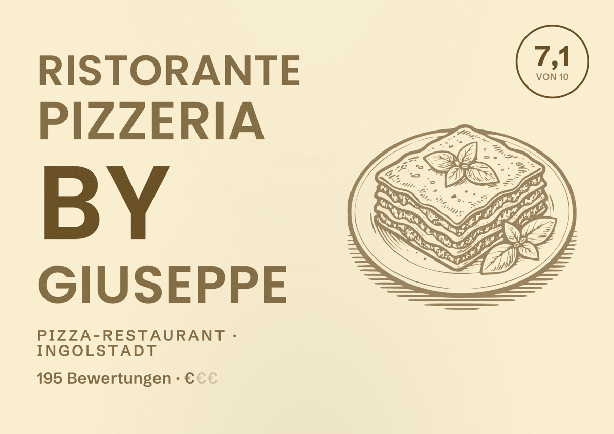 Illustriertes Poster von Ristorante Pizzeria by Giuseppe, Pizza-Restaurant in Ingolstadt: Bewertung 7,1 von 10 aus 195 Bewertungen, Preisniveau €