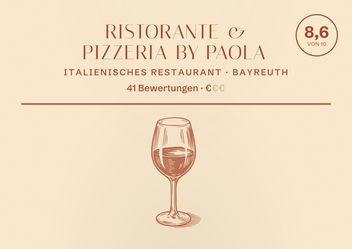 Illustriertes Poster von Ristorante & Pizzeria by Paola, Italienisches Restaurant in Bayreuth: Bewertung 8,6 von 10 aus 41 Bewertungen, Preisniveau €