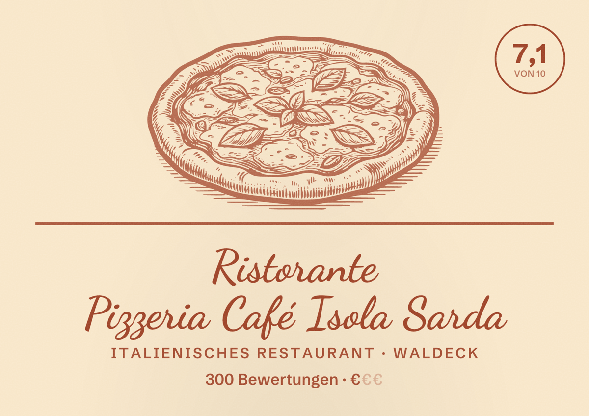 Illustriertes Poster von Ristorante Pizzeria Café Isola Sarda, Italienisches Restaurant in Waldeck: Bewertung 7,1 von 10 aus 300 Bewertungen, Preisniveau €