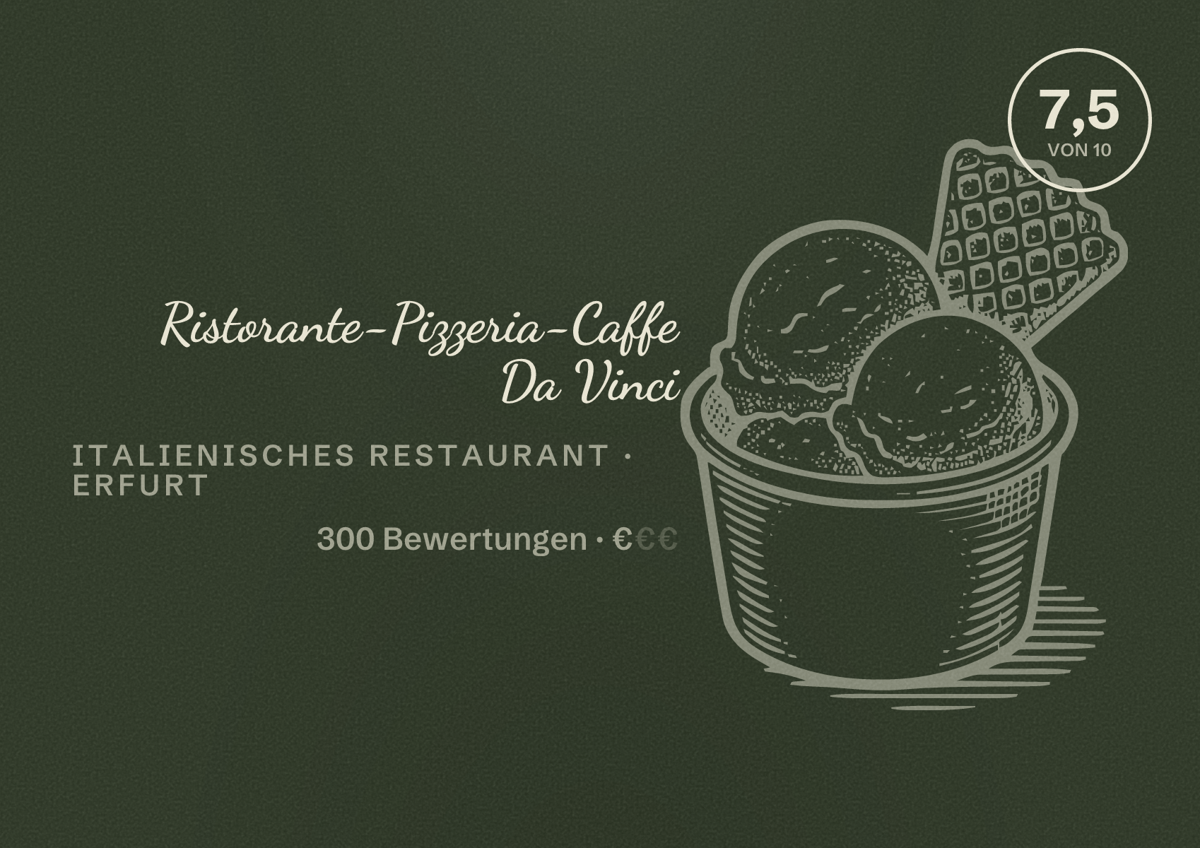Illustriertes Poster von Ristorante-Pizzeria-Caffe Da Vinci, Italienisches Restaurant in Erfurt: Bewertung 7,5 von 10 aus 300 Bewertungen, Preisniveau €